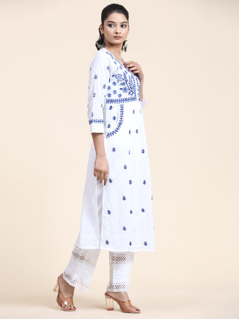 NOOR Chikankari Kurta With Pocket - White With Blue